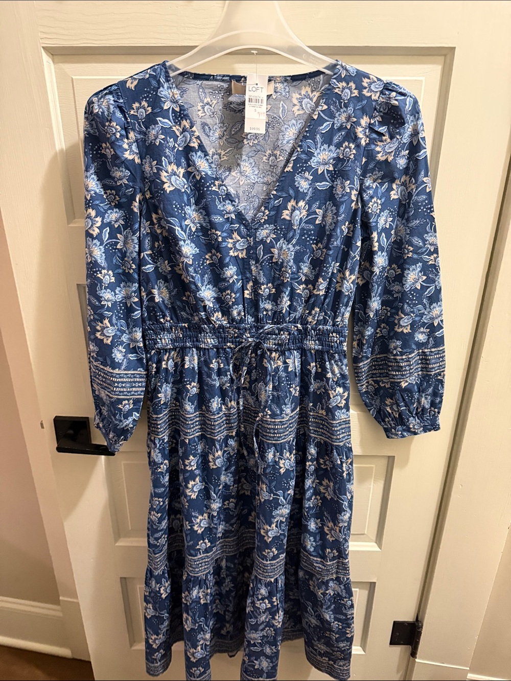 LOFT Blue Floral V-Neck Midi Dress with Tie Waist